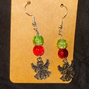 Elegant Silver and Red Beaded Earrings with an angel charm